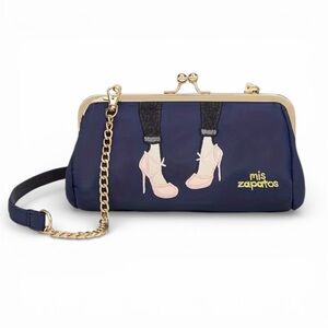 Mis Zapatos Embroidered Clutch Bag With Removable Crossbody Strap In Blue NWT